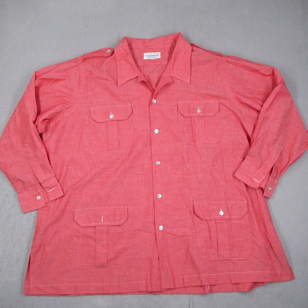 Vintage Al Bon Fashions Mens Red Safari Shirt Custom Tailored 4-Pocket Epaulets